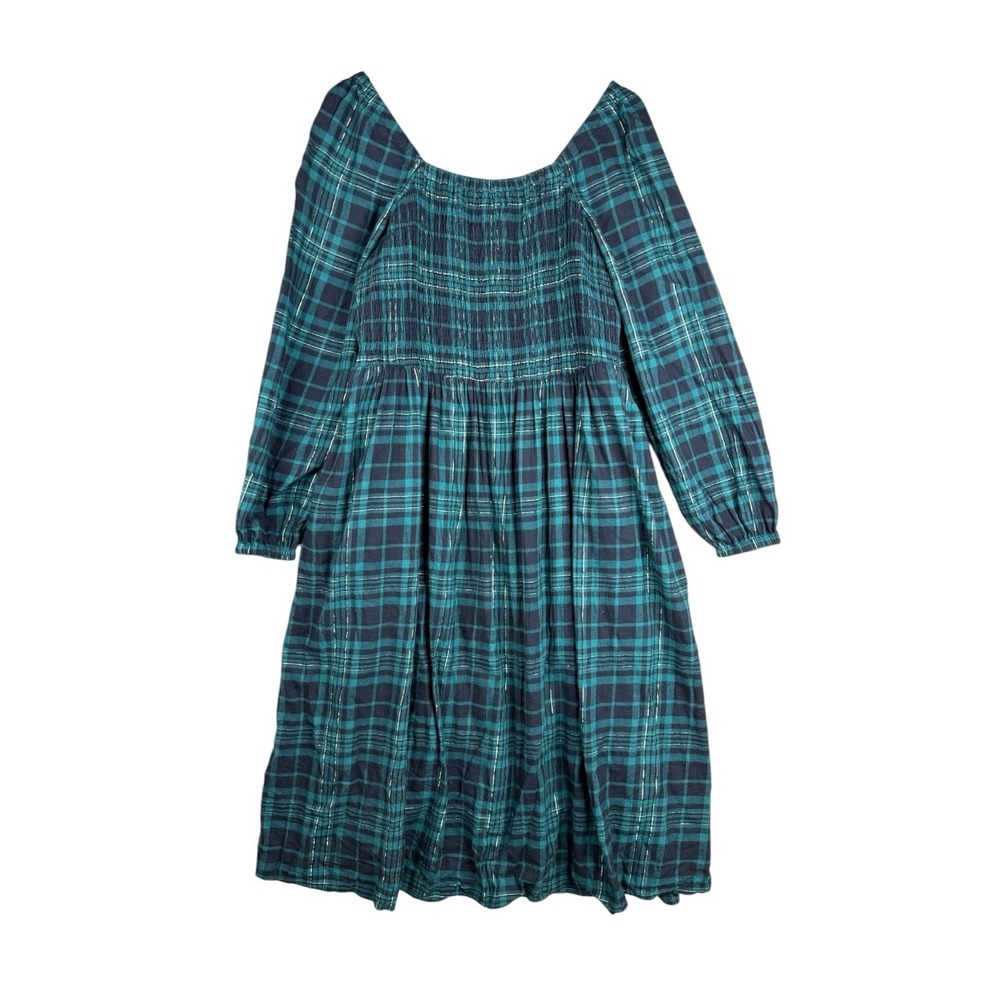Lane Bryant Square Neck Smocked Bodice Plaid Long Sleeve Dress size 14/16 Green